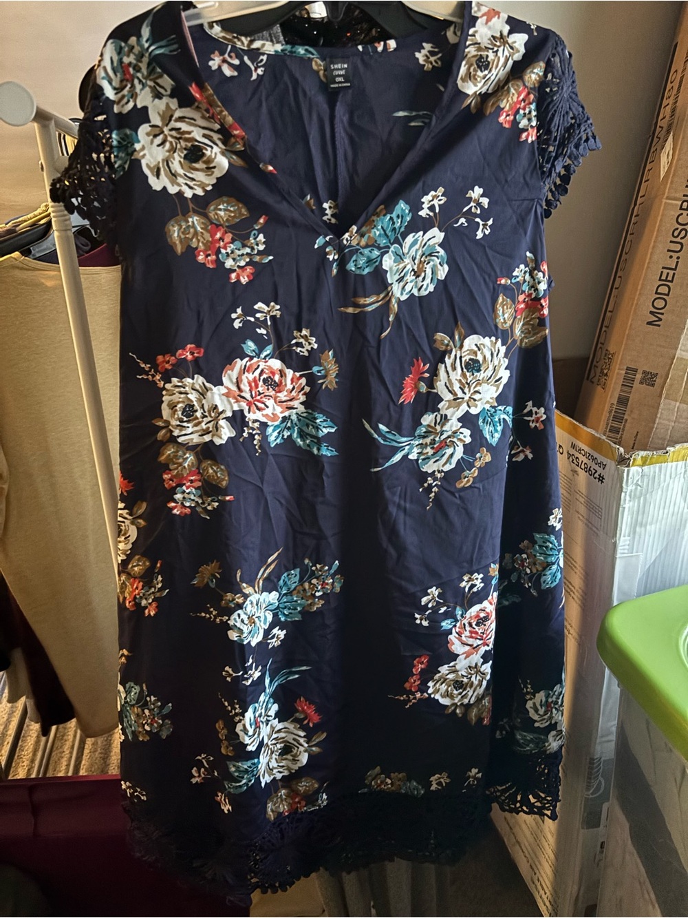 Navy Floral V-Neck Crochet Sleeve Dress